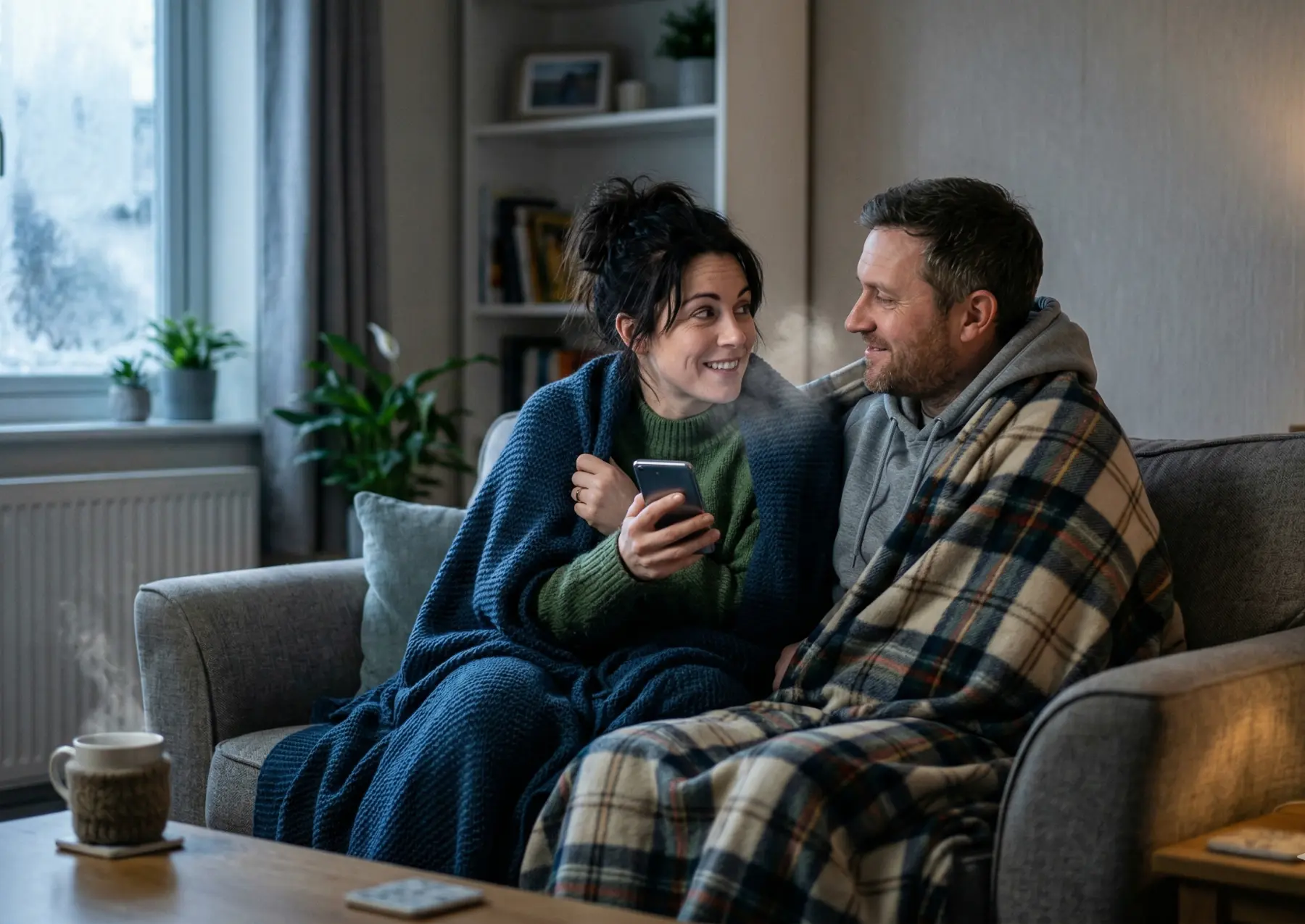 Woman relaxing at home on sofa using phone