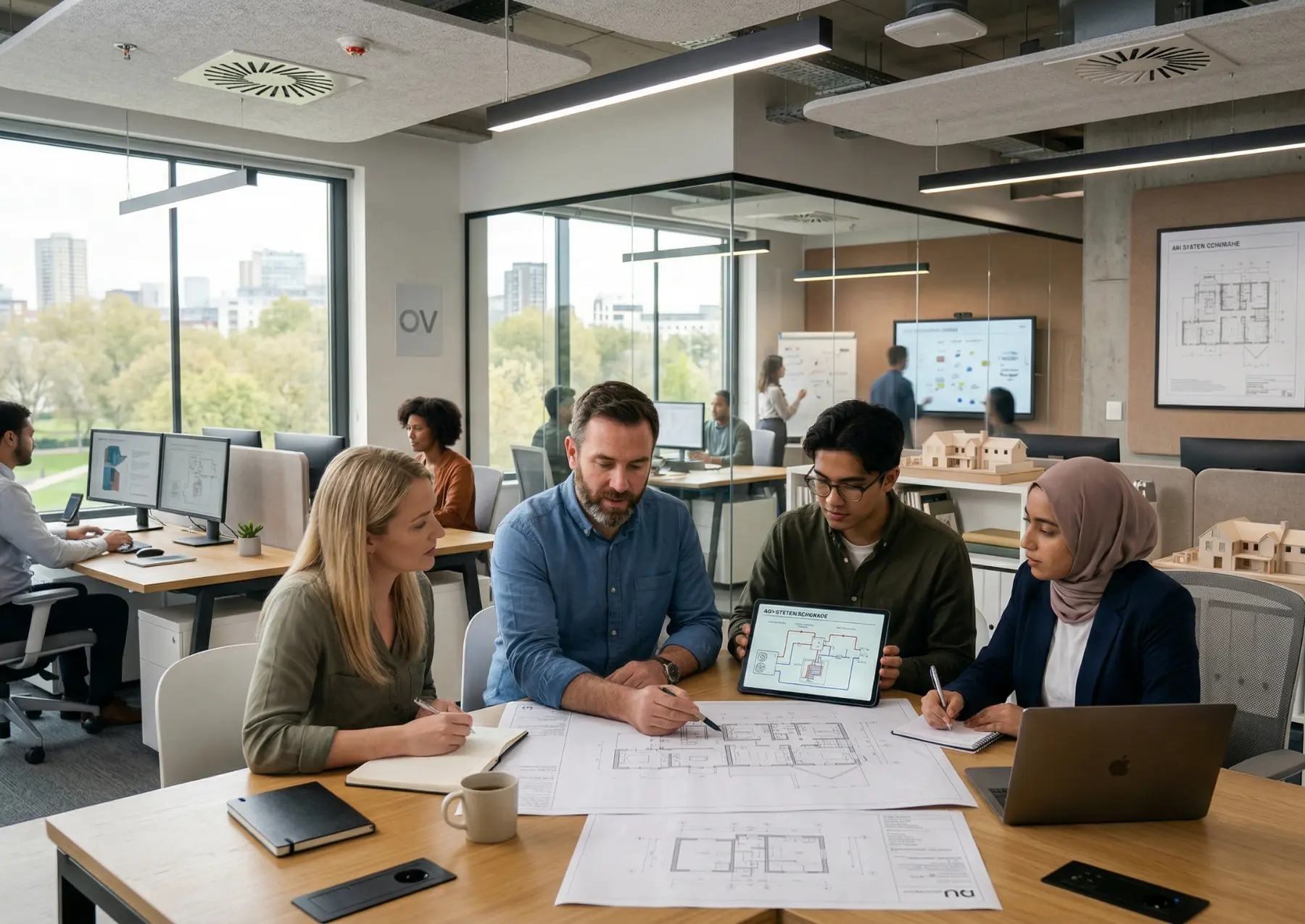 Engineer in branded uniform standing next to a red van