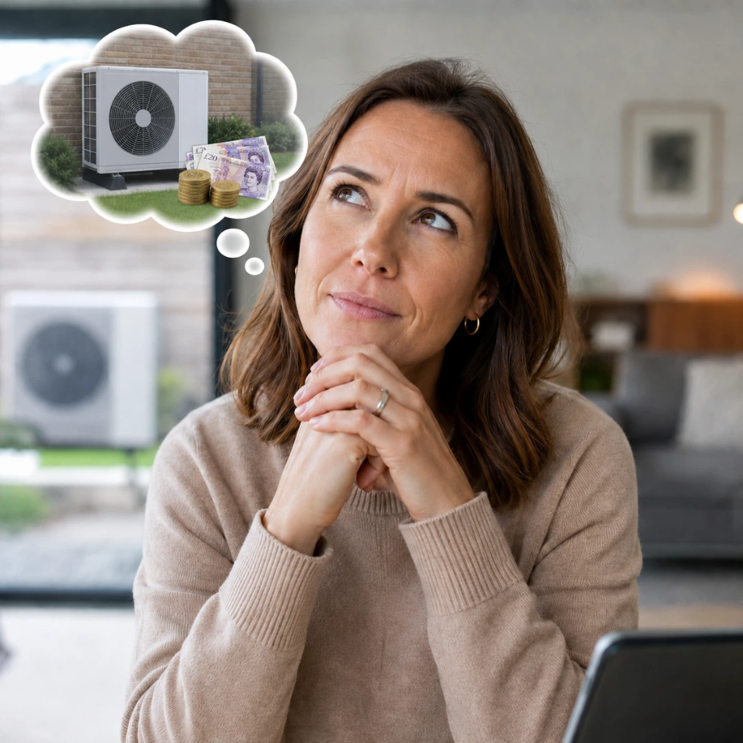 A lady thinking about air source heat pump cost in UK