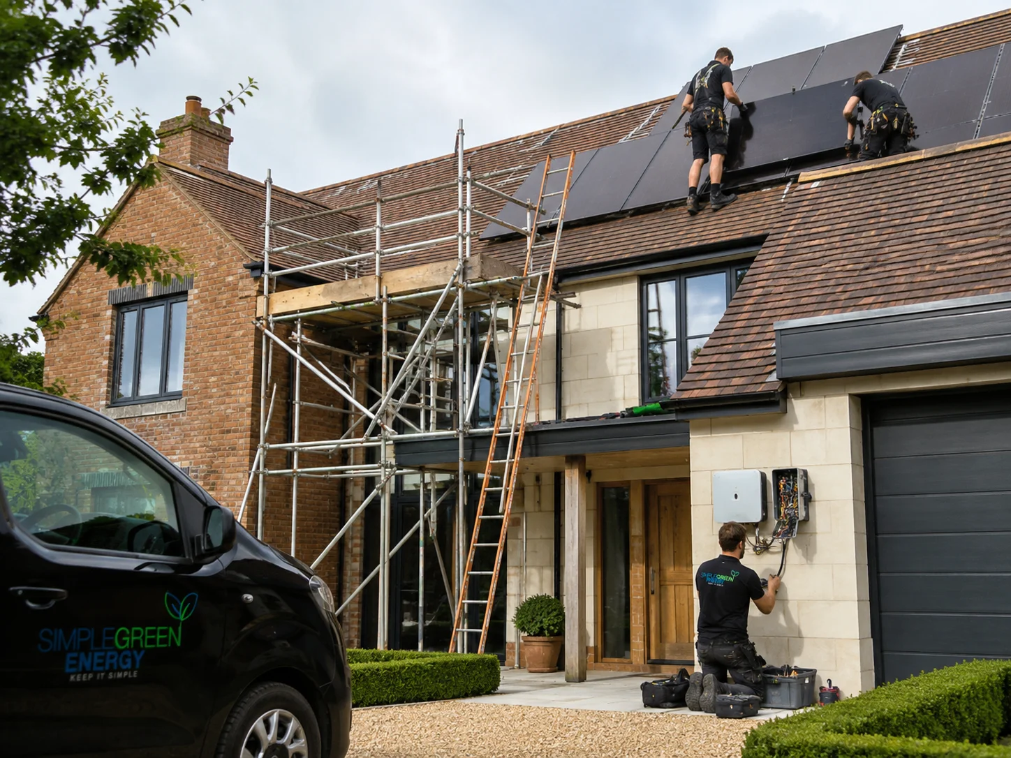 Simple Green Energy Solar installers fitting black panels on the roof of a modern house while an electrician connects the system beside a branded work van.