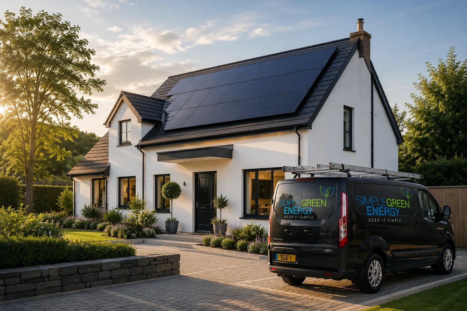 Simple Green Energy van parked outside a modern home fitted with rooftop solar panels at sunset.